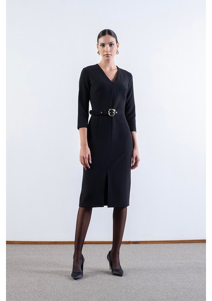 Tigerman V Yaka Fermuarlı Önde Yırtmaçlı Kemerli Elbise Siyah