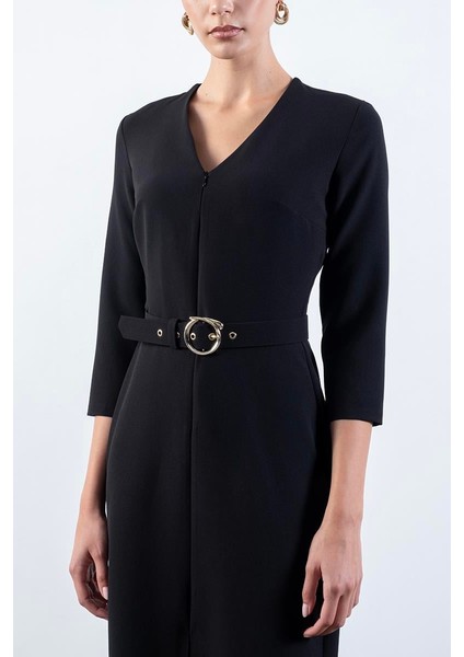 Tigerman V Yaka Fermuarlı Önde Yırtmaçlı Kemerli Elbise Siyah modelleri