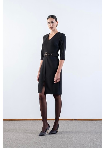 Salvucci V Yaka Önde Yırtmaç Kemerli Elbise Siyah fiyatları