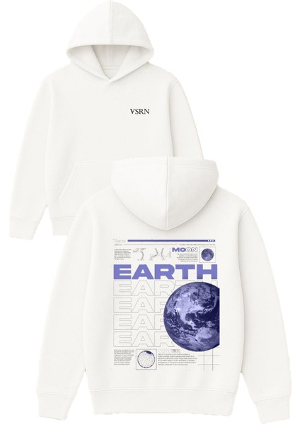 Earth Earth Tasarım Baskılı Oversize Beyaz Kapüşonlu Sweatshirt