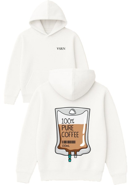 Serum Coffee Tasarım Baskılı Oversize Beyaz Kapüşonlu Sweatshirt