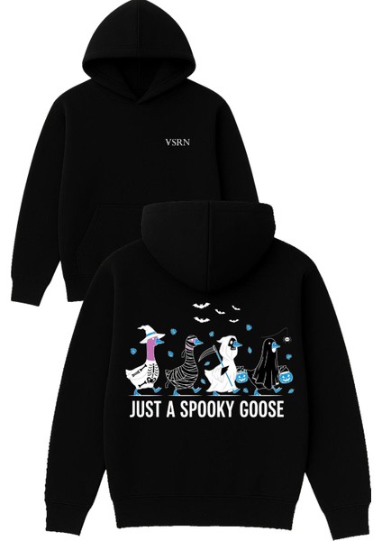 Just A Spooky Tasarım Baskılı Oversize Siyah Kapüşonlu Sweatshirt