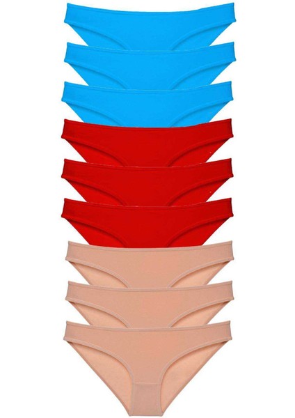 9 Adet Süper Eko Set Likralı Kadın Slip Külot Kırmızı Ten Mavi