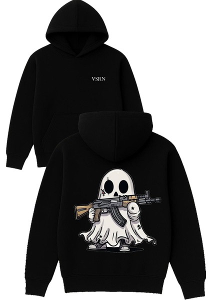 Gangsta Hayalet Tasarım Baskılı Oversize Siyah Kapüşonlu Sweatshirt