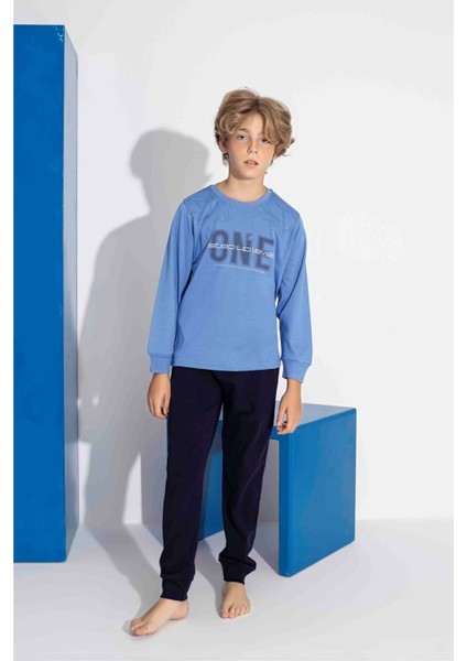 Tarık 10-15 Yaş Erkek Çocuk One Baskılı Interlok Pijama Takımı 4113320 - Mavi