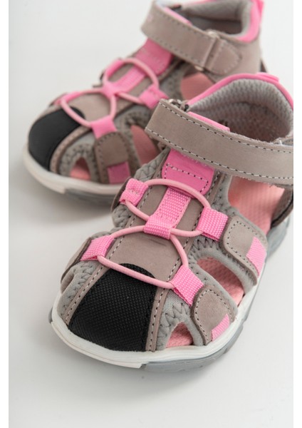 Unisex Çocuk Gri-Pembe Deri Ortopedik Outdoor Çocuk Sandalet