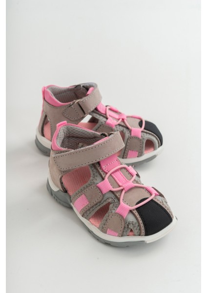 Unisex Çocuk Gri-Pembe Deri Ortopedik Outdoor Çocuk Sandalet