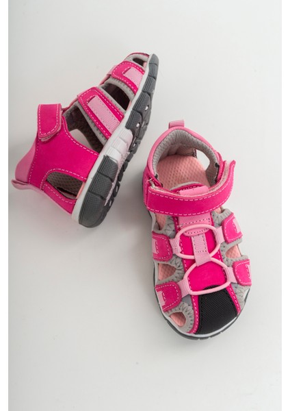 Unisex Çocuk Fuşya Deri Ortopedik Outdoor Çocuk Sandalet