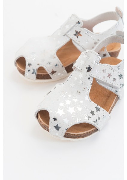 Unisex Çocuk Yıldızlı Gümüş Deri Ortopedik Destekli Çocuk Sandalet