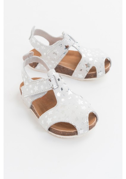 Unisex Çocuk Yıldızlı Gümüş Deri Ortopedik Destekli Çocuk Sandalet