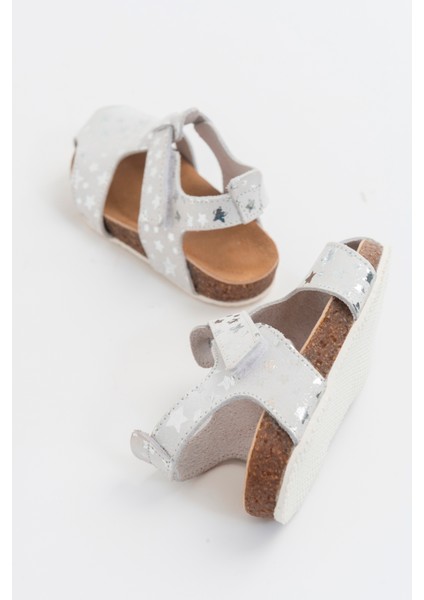 Unisex Çocuk Yıldızlı Gümüş Deri Ortopedik Destekli Çocuk Sandalet