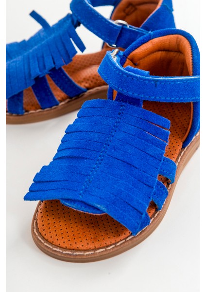 Kız Çocuk Saks Mavi Deri Ortopedik Destekli Çocuk Sandalet