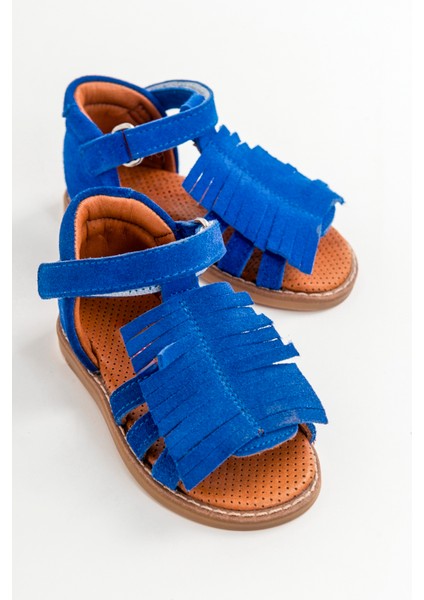 Kız Çocuk Saks Mavi Deri Ortopedik Destekli Çocuk Sandalet