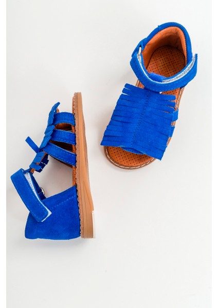 Kız Çocuk Saks Mavi Deri Ortopedik Destekli Çocuk Sandalet