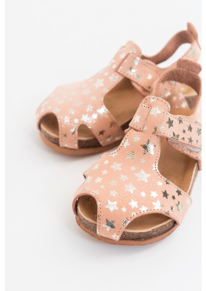 Unisex Çocuk Yıldızlı Pudra Deri Ortopedik Destekli Çocuk Sandalet