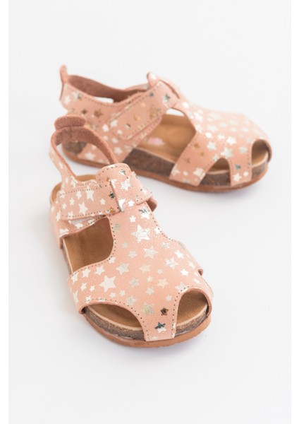 Unisex Çocuk Yıldızlı Pudra Deri Ortopedik Destekli Çocuk Sandalet