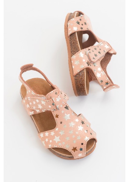 Unisex Çocuk Yıldızlı Pudra Deri Ortopedik Destekli Çocuk Sandalet