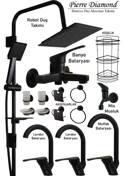 Lavabo, Mutfak, Banyo Bataryası Siyah Eviye Musluk Armatür Robot Duş Seti Batarya Duş Seti L Ragnar