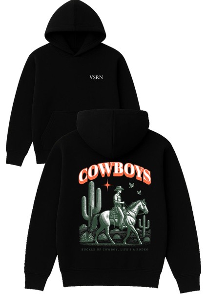 Cow Boys Tasarım Baskılı Oversize Siyah Kapüşonlu Sweatshirt