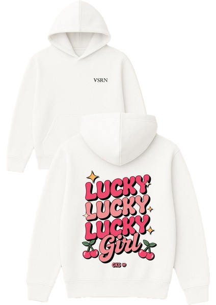 Lucky Lucky Tasarım Baskılı Oversize Beyaz Kapüşonlu Sweatshirt