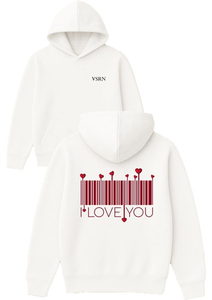 I Love Qr Kod Tasarım Baskılı Oversize Beyaz Kapüşonlu Sweatshirt