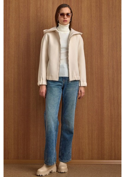 Kapüşonlu Beli Lastikli Oversize Kısa Kaban EKRU 3162