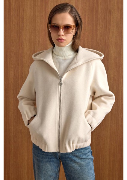 Kapüşonlu Beli Lastikli Oversize Kısa Kaban EKRU 3162