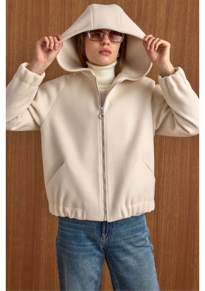 Kapüşonlu Beli Lastikli Oversize Kısa Kaban EKRU 3162