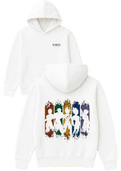 5 Kahraman Tasarım Baskılı Oversize Beyaz Kapüşonlu Sweatshirt
