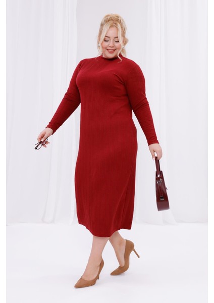 Kadın Bordo Balıkçı Yaka Esnek Burgu Triko Büyük Beden Elbise