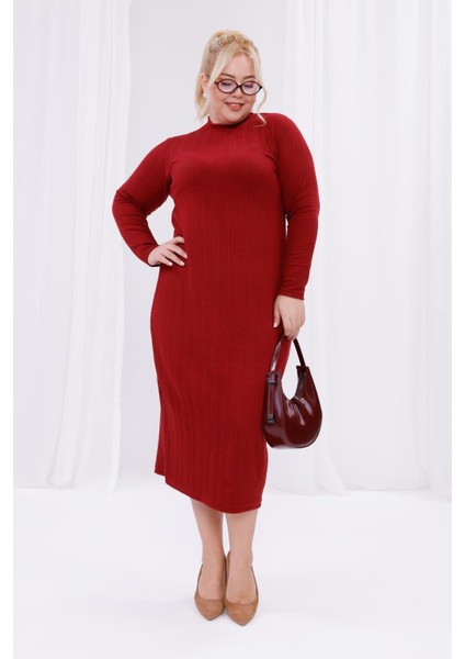 Kadın Bordo Balıkçı Yaka Esnek Burgu Triko Büyük Beden Elbise fiyatları