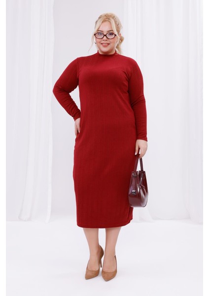 Kadın Bordo Balıkçı Yaka Esnek Burgu Triko Büyük Beden Elbise modelleri