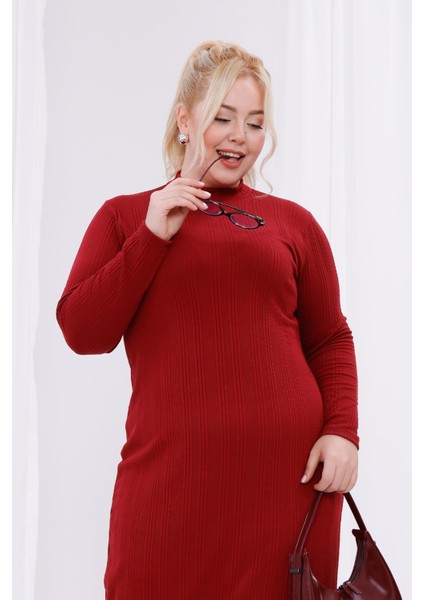 Kadın Bordo Balıkçı Yaka Esnek Burgu Triko Büyük Beden Elbise indirimleri