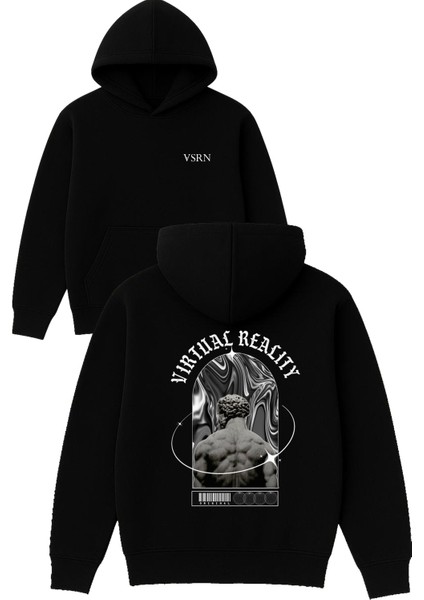 Vırtual Realıty Tasarım Baskılı Oversize Siyah Kapüşonlu Sweatshirt