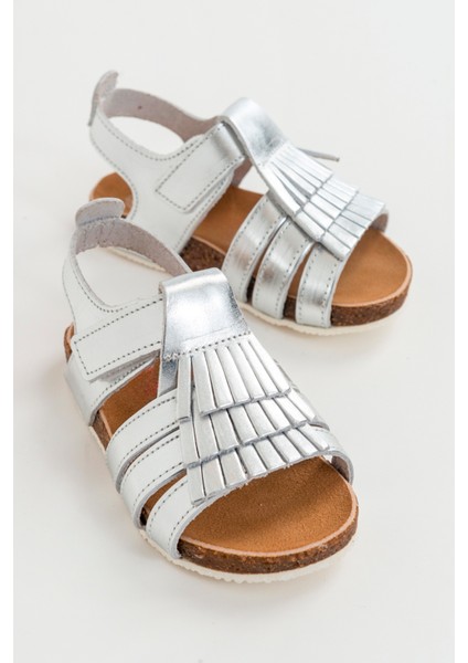 Kız Çocuk Gümüş Deri Ortopedik Destekli Çocuk Sandalet