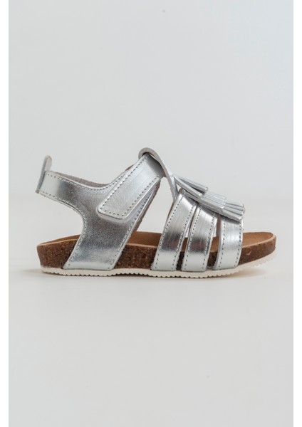 Kız Çocuk Gümüş Deri Ortopedik Destekli Çocuk Sandalet
