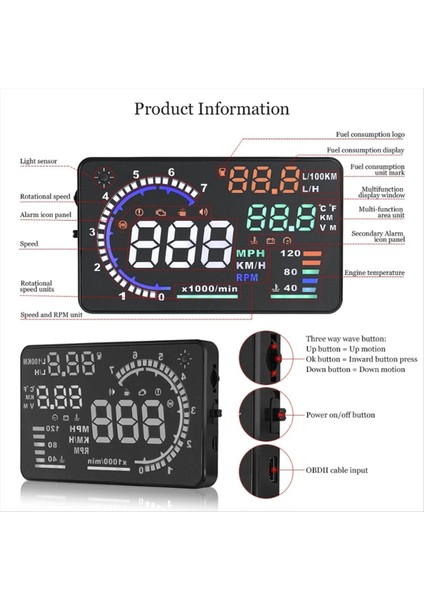 Ad 5.5inch Obd2 Hud Araş Kapsısı Görünüm Hıd Dijital Hedece Koşulu Hızlı Su Seçimi Ile Parça Rpm Alarm (Yurt Dışından) modelleri