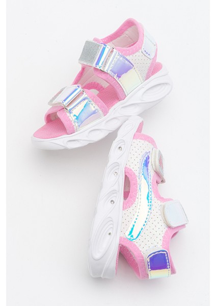 Kız Çocuk Beyaz-Pembe Işıklı Anatomik Hafif Günlük Sandalet