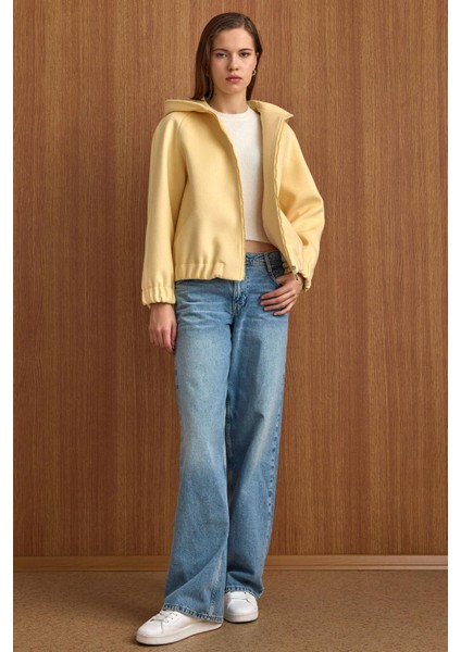 Kapüşonlu Beli Lastikli Oversize Kısa Kaban SARI 3162