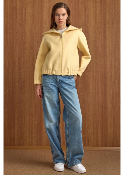 Kapüşonlu Beli Lastikli Oversize Kısa Kaban SARI 3162
