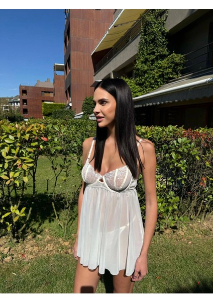 Kadın Çiçek Desenli Brode Gecelik Takımı Ekru fırsatları