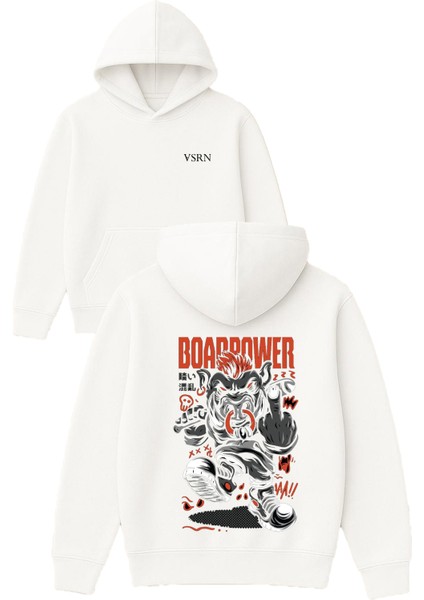 Board Power Tasarım Baskılı Oversize Beyaz Kapüşonlu Sweatshirt
