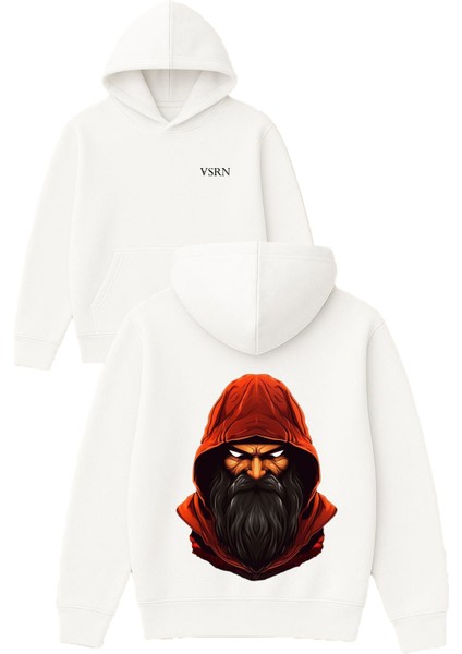 Kırmızı Pelerinli Büyücü Tasarım Baskılı Oversize Beyaz Kapüşonlu Sweatshirt
