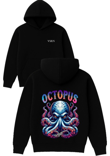 Octopus Tasarım Baskılı Oversize Siyah Kapüşonlu Sweatshirt