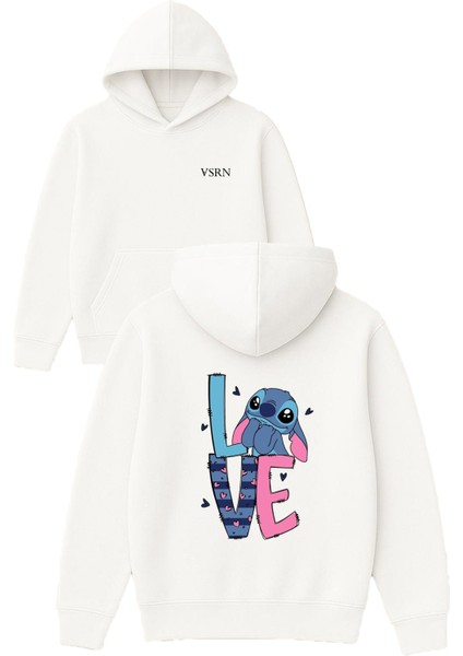 Love 1 Tasarım Baskılı Oversize Beyaz Kapüşonlu Sweatshirt