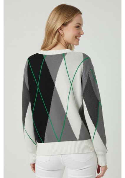 Kadın Baklava Desenli Kazak Ekru 25094