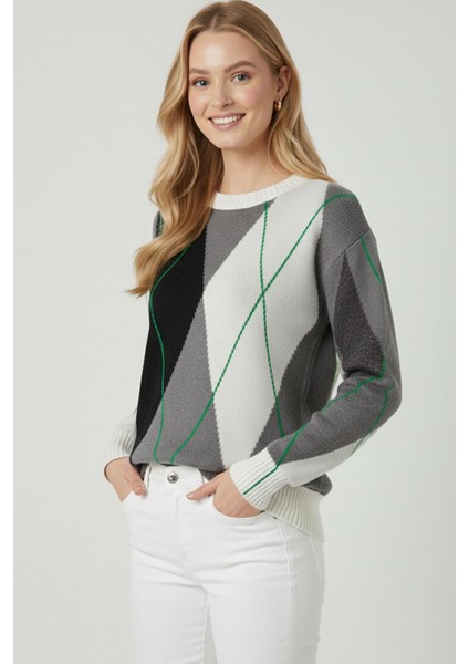 Kadın Baklava Desenli Kazak Ekru 25094 modelleri