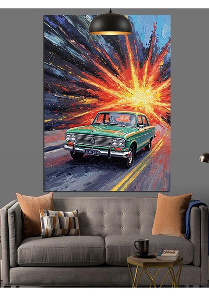 Yolda Hızla Ilerleyen Klasik Araba Dekoratif Kanvas - Mdf Ahşap Tablo