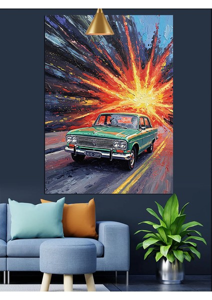Yolda Hızla Ilerleyen Klasik Araba Dekoratif Kanvas - Mdf Ahşap Tablo fiyatları