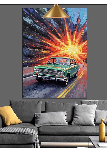 Yolda Hızla Ilerleyen Klasik Araba Dekoratif Kanvas - Mdf Ahşap Tablo fırsatları